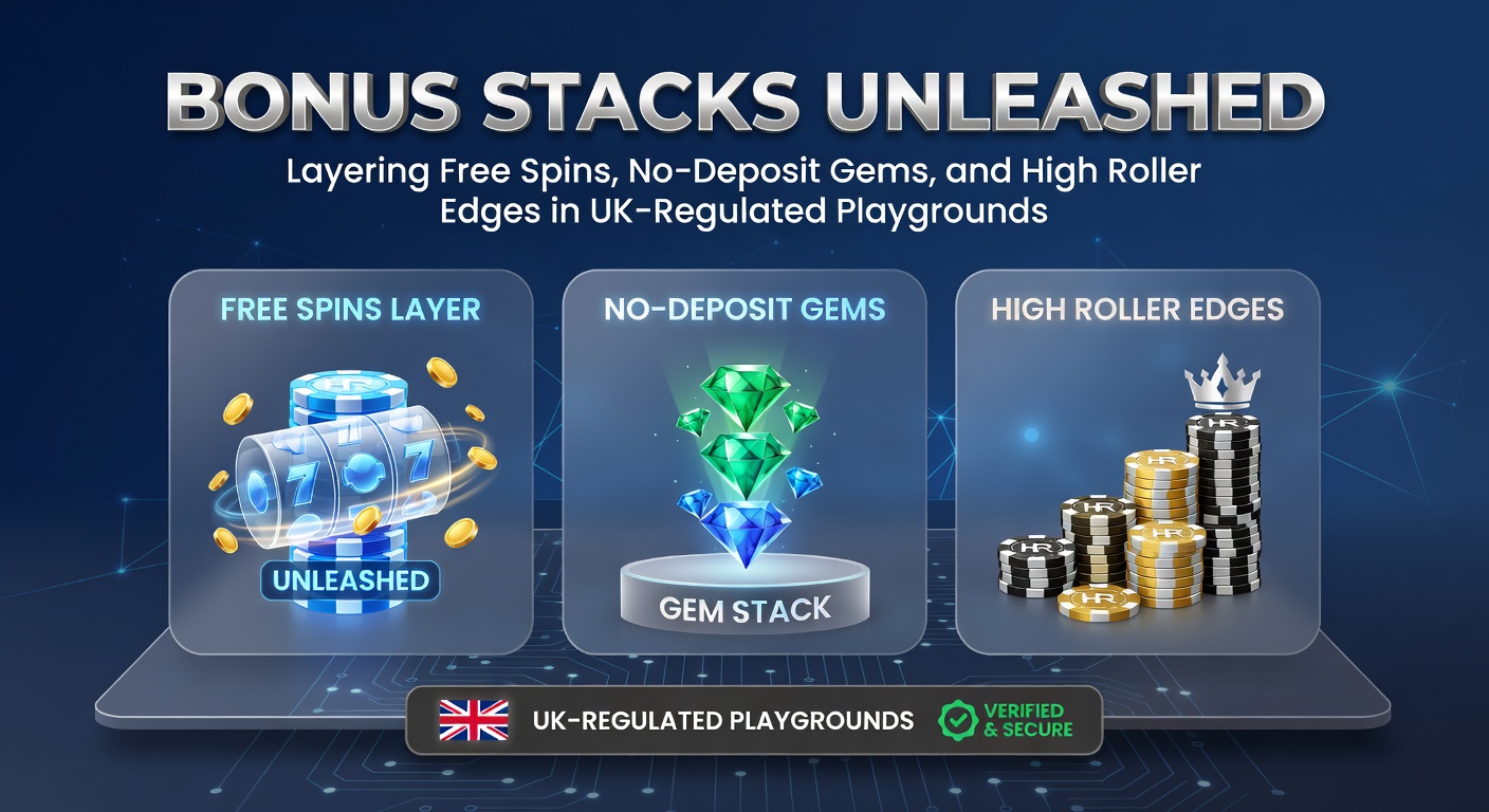 Vibrant casino interface showing stacked bonus icons including free spins wheels, no-deposit coin stacks, and high roller VIP badges on a UK-licensed platform