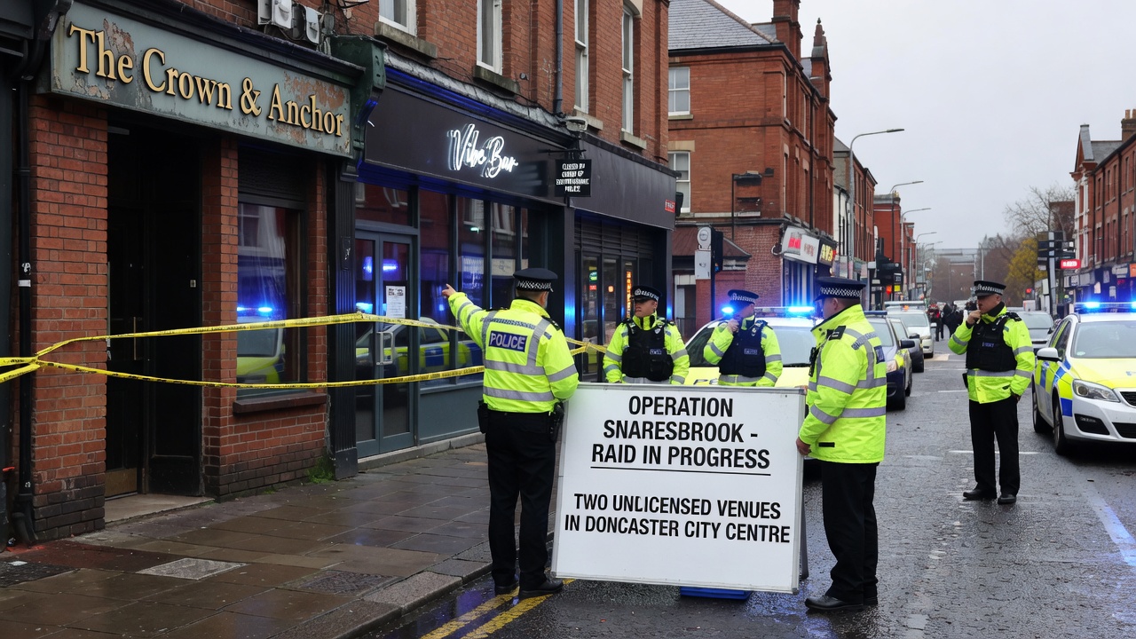 Seized gambling equipment including poker tables and slot machines displayed as evidence following a venue raid