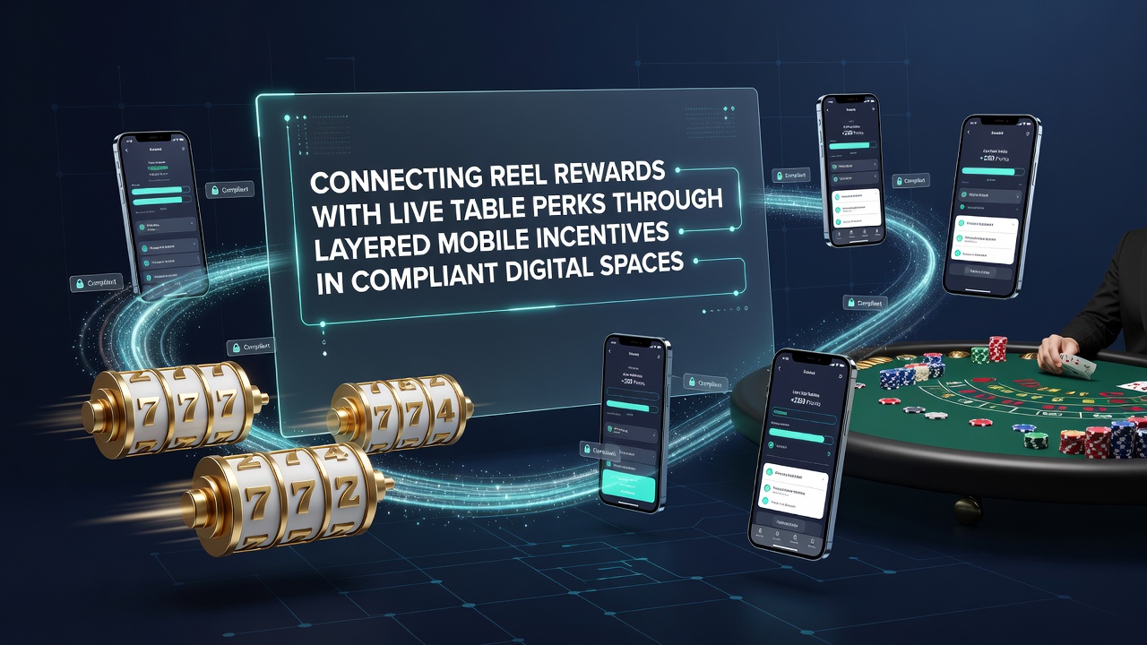 Mobile interface showing connected slot rewards transitioning to live table game perks in a compliant casino app