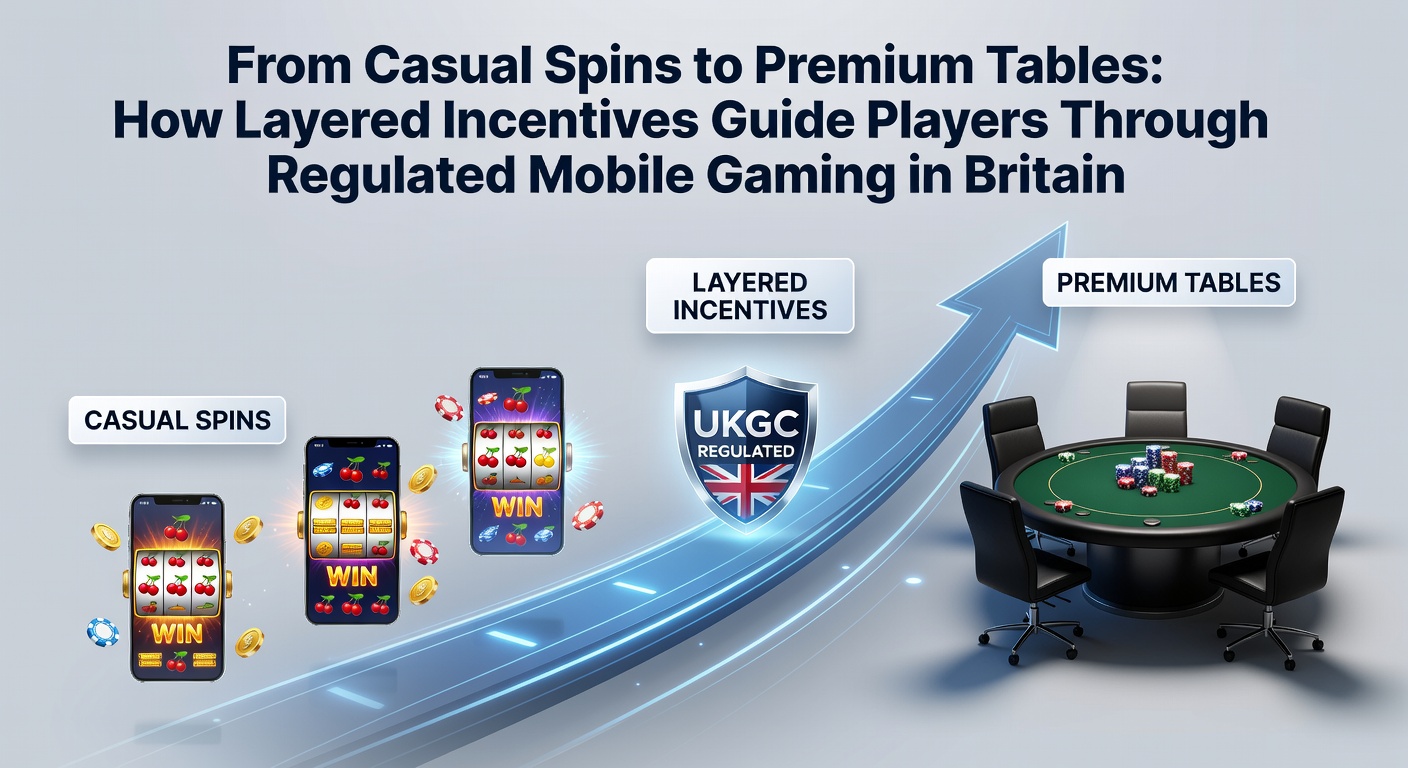 Mobile gaming interface showing layered bonus progression from free spins to premium tables in regulated British casinos