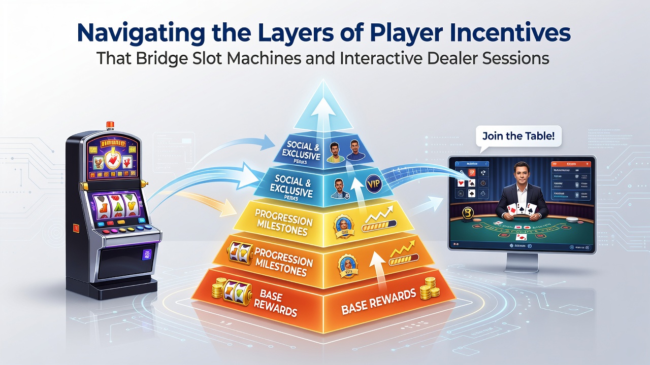 Visual representation of casino incentive layers connecting slot machines with live dealer sessions through bonus progressions