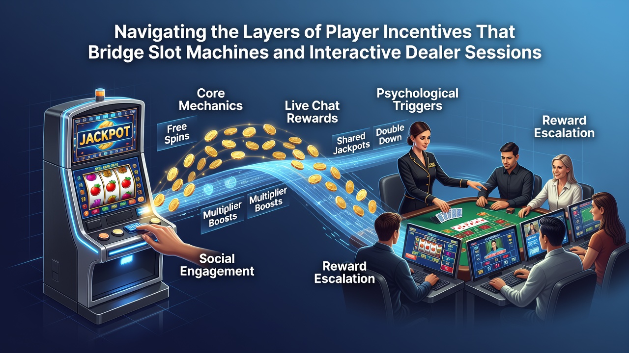 Illustration of player progression from slot bonuses to live dealer table rewards in regulated casinos