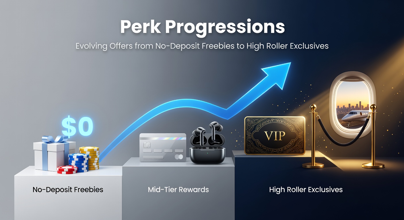 Casino player progressing through loyalty tiers on a digital interface showing evolving bonus offers from free spins to VIP exclusives