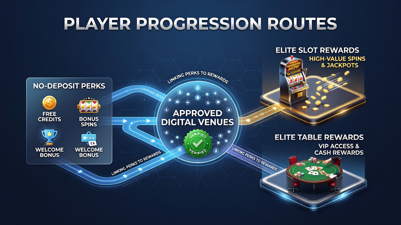Player journey visualization showing progression from no-deposit perks through slot rewards to elite table game privileges in licensed digital venues