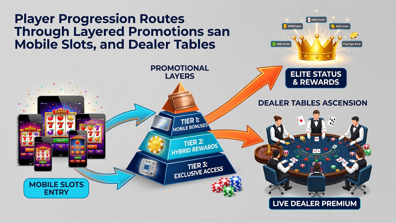 Diagram showing progression pathways from slot bonuses to dealer table VIP perks in regulated online gaming