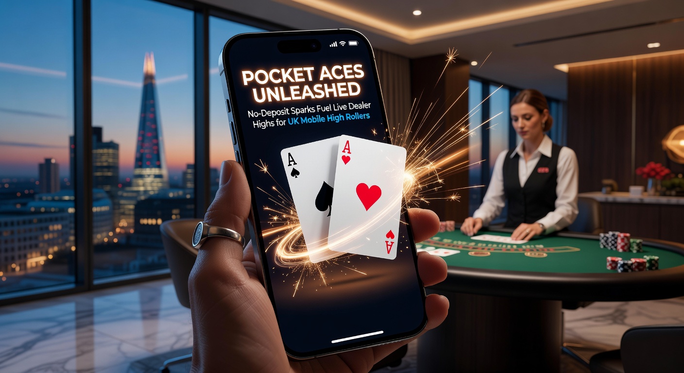 High roller on smartphone at a premium live dealer table, pocket aces on screen amid rising chip stacks and bonus multipliers