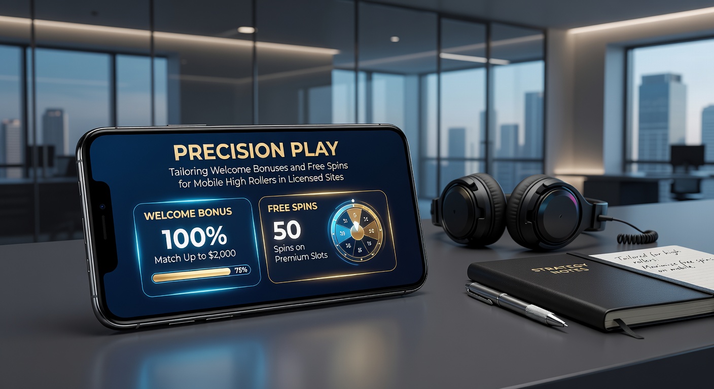 Close-up of a luxury smartphone displaying a high roller bonus offer with free spins icons, VIP tiers, and jackpot slot previews