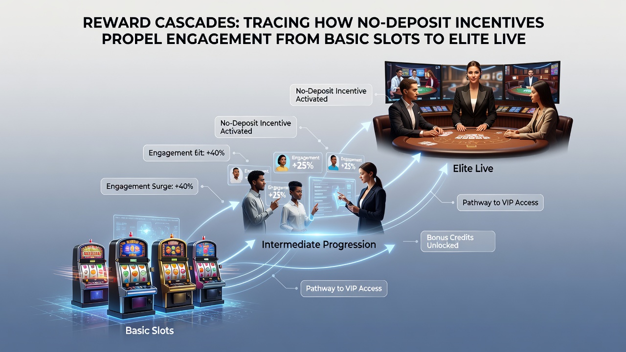 Infographic showing engagement flow from no-deposit slots to elite live dealer sessions with key statistics