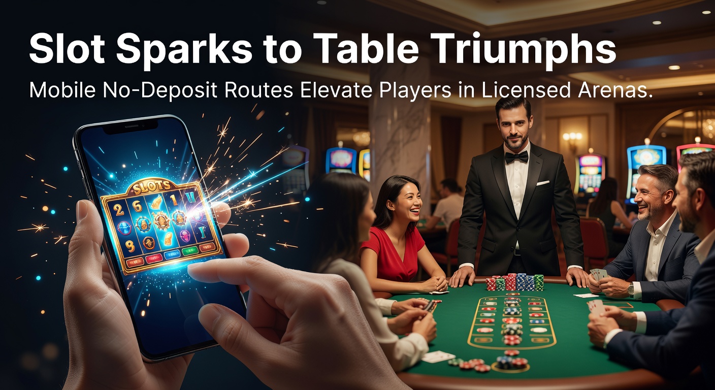 Vibrant mobile slot screen transitioning to a live blackjack table with no-deposit bonus icons glowing in a licensed casino interface