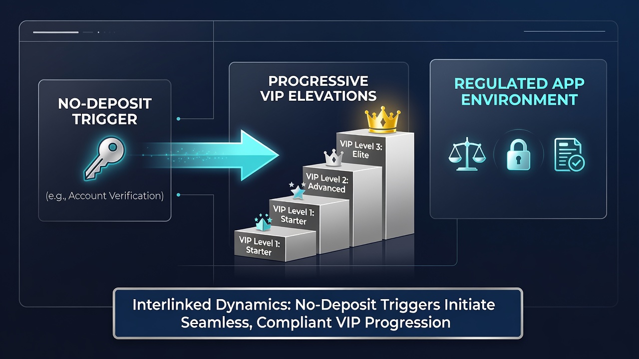 Diagram illustrating data flow from no-deposit triggers through engagement metrics to VIP tier advancements